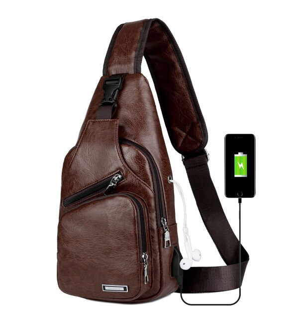 Sacs à bandoulière pour hommes sac de poitrine USB pour hommes sac de messager charge hommes sac de poitrine en cuir sac de messagers de voyage court scolaire: deep coffee
