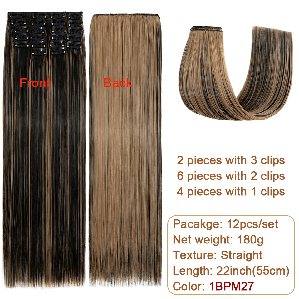BENEHAIR 180g Straight Clip in hair extensions 22" 12PCS Hair Extensions for Women Full Head Heat Resistant Synthetic Hairpiece: T1B/4/30