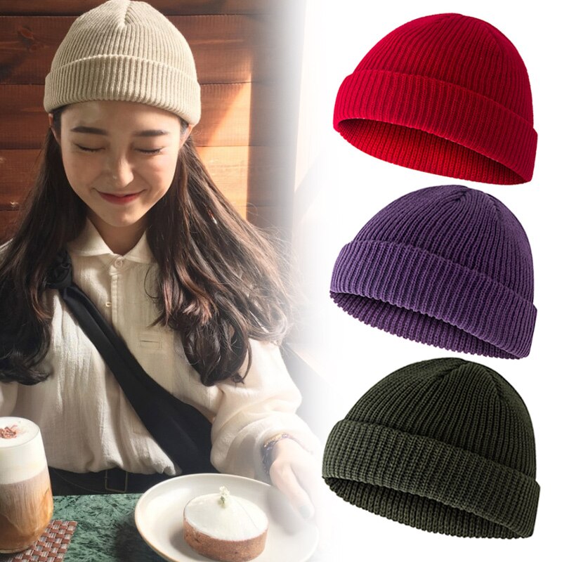 Beanie della Protezione Del Cappello del Roll up Warm Pescatore di Lavoro A Maglia di Colore Solido per le Donne Degli Uomini di Inverno HB88