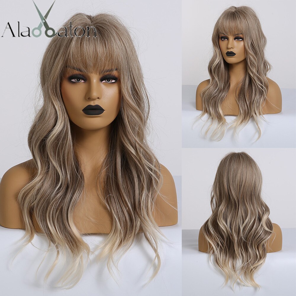 ALAN EATON Ombre Black Brown Long Wave Synthetic Wigs with Full Bangs For Black Women Heat Resistant Fibre Cosplay Party Daily: lc226-1