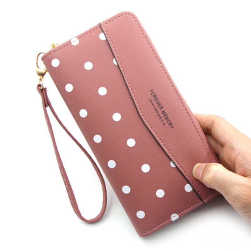 Vrouwen Lederen Lange Portemonnee Rits Party Telefoon Zak Kaarthouder Portemonnee Polka Dot Hand Holding Beste -WT: Roze