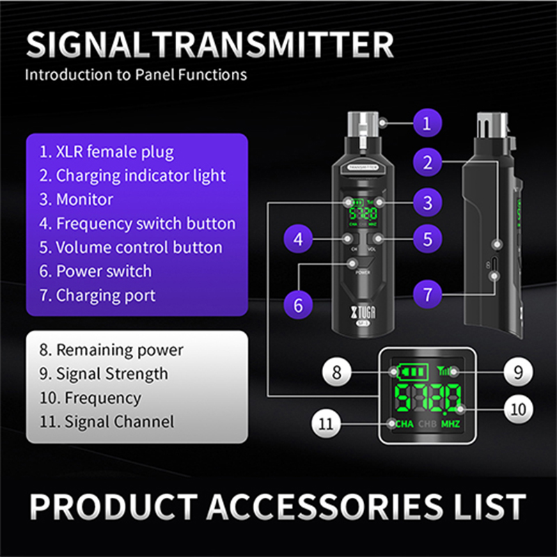 XTUGA SF-1 UHF Microphone Wireless Converter XLR Adapter Rechargeable Battery For Dynamic/Capacitive Microphones