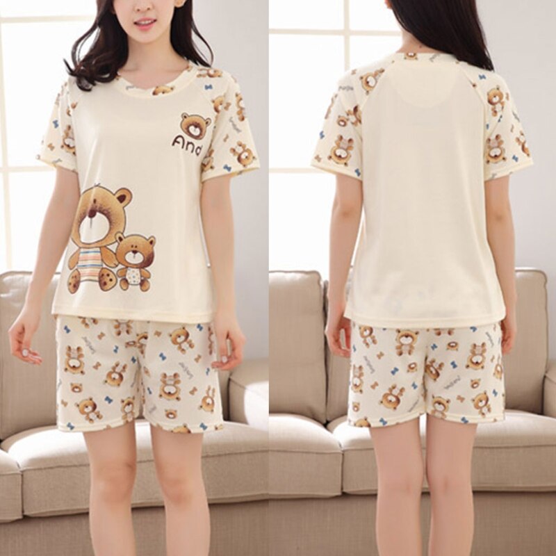Women Cartoon Pajamas Short Sleeve Cotton Pyjamas Set Home Nightwear Sleepsuit