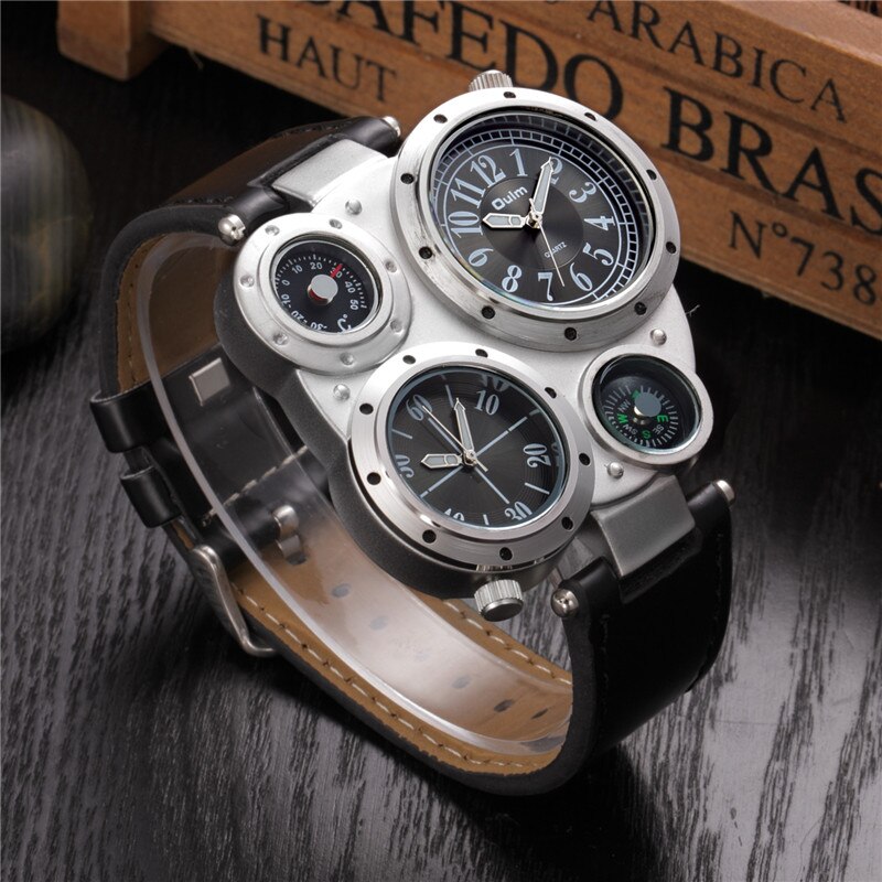 Oulm 9415 Mannen Horloges Twee Tijdzone Sport Quartz Mannen Horloge Kompas Decoratie Mannelijke Lederen Horloge