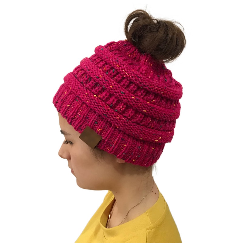 Doitbest Winter Female Ball Cap Top Hole Hat For Women Girls Hat Knitted Beanies Cap Hat Thick Womens lady Skullies knit Beanies