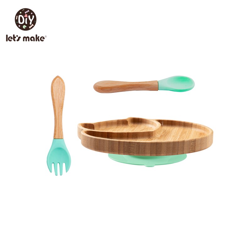 Let&#39;s Make Baby Dinner Plates Set Wooden Cartoon Dinner Plate Fork Spoon Children Feeding Plate Safe Edible Silicone Product: Set 5