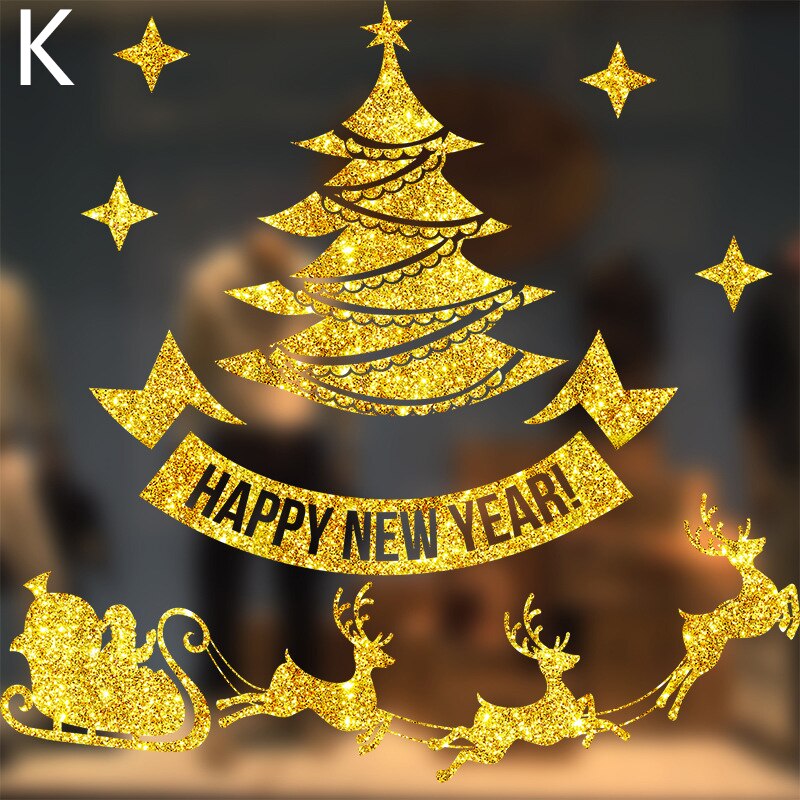 Glänzende Gold Weihnachten Baum Fenster Aufkleber Santa Fahrt Weihnachten Girlande Zauberstab Decals Neue Jahr Schaufenster Aufkleber Schneemann Wohnkultur: K