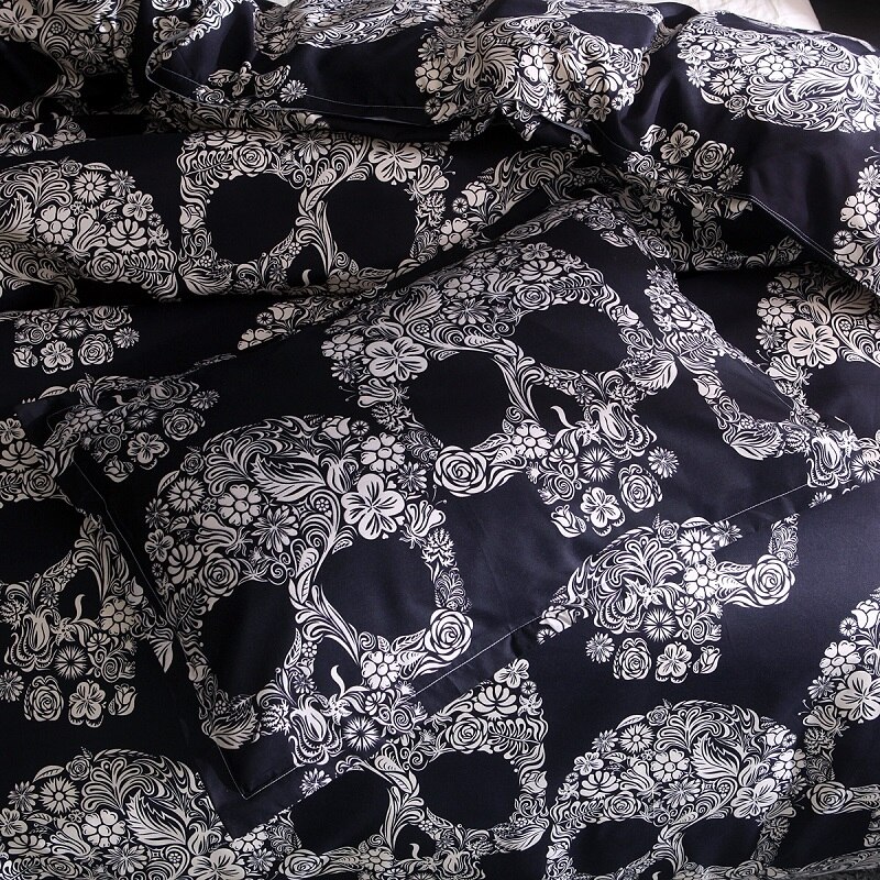 Sengetøjssæt luksus dronning konge europæisk stil sort kranium og blomster dynebetræk sæt 3 stk blødt sengesæt sæt