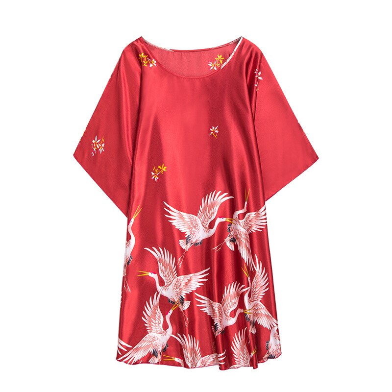 Bat Sleeve Oversized Nightdress Women Comfortable Smooth Satin Sleepwear Printed Casual Loose One Size Nightwear