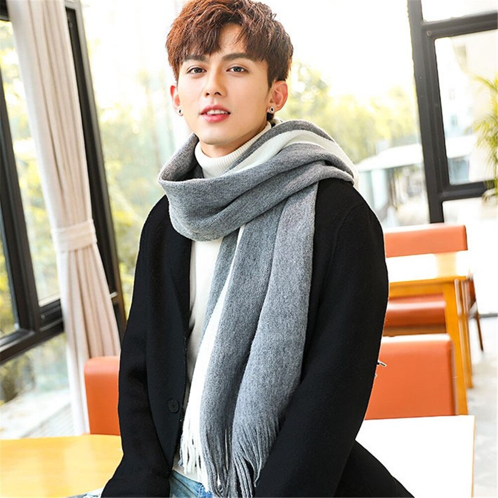 Men Scarves Winter Wool Scarf Striped 200Cm Long Scarves Wrap Knit Shawl Beige Striped Tassels Scarves