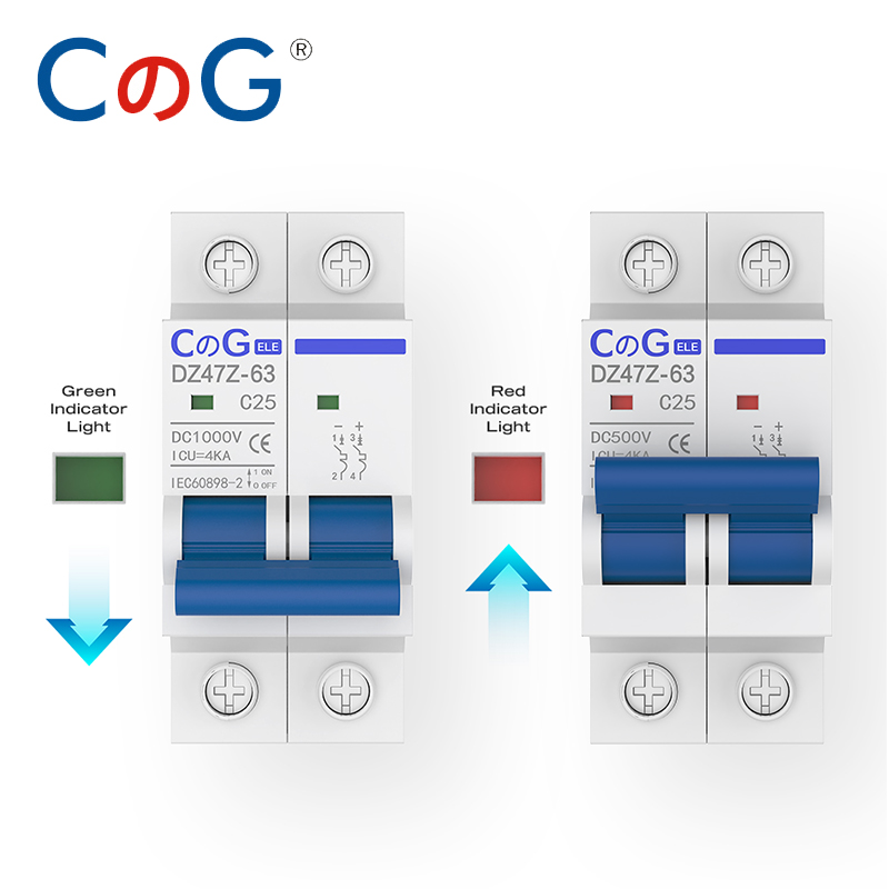 Cg 2p mcb 10a 16a 20a 25a 32a 40 a 50 a 63a effektbryter  dz47z 500v/1000v din-skinnemontert dc-frakoblingsbryter til solcelleanlegg