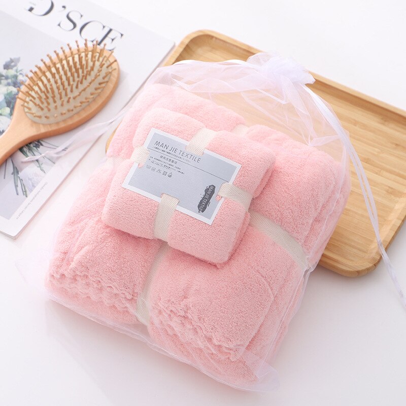 2PCS 70X140cm+35X70cm Solid High Density Coraline Coral Velvet Towel Water Absorption Soft Bathroom Towel Sets for Adults: orange-pink