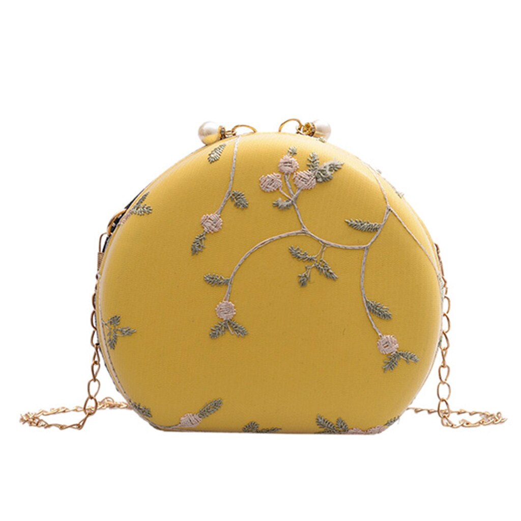 Embroidery Flowers Women Round Clutch Evening Bags Gold Chain Shoulder Bags Girls Handbags Purses Party Bag #YL5: Yellow