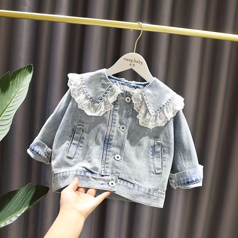 Giacca di jeans per ragazze primavera autunno cappotto per bambini top neonato giacca di pizzo allentato per bambini giacca a vento Casual per bambini 6M 9M 3T 5T 7T: 80cm