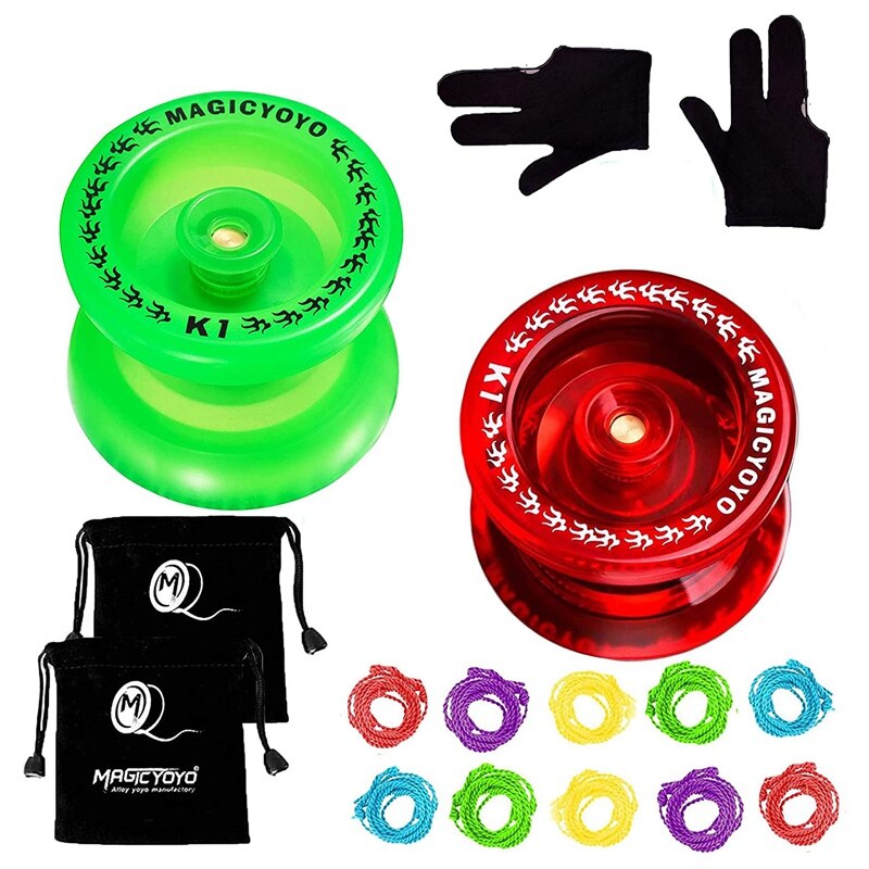 Magicyoyo pack  of 2 yo-yos ,k1 responsive yo-yos mit 2 yo-yo-säcken +10 schnüren und 2 yo- yo-yo-handschuhen (kristallrotes & grünes yo-yo)