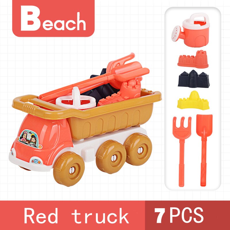 Zomer 7Pcs Strand Gereedschap Set Zand Spelen Speelgoed Voor Kids Fun Water Beach Seaside Gereedschap Kind Zandloper Schop Tool: red  truck