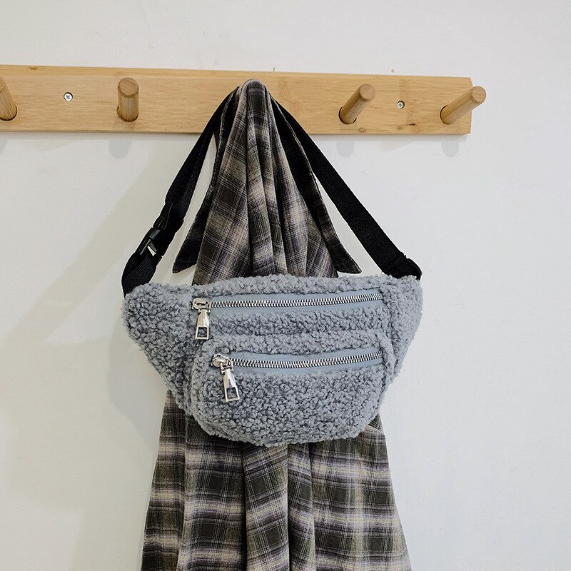 Moda Crossbody torby dla kobiet jagnięta wełna pojedyncze ramię krzyż torba na klatkę piersiowa słodkie pluszowe panie talii torba puszyste kobiece torebki: niebieski-szary