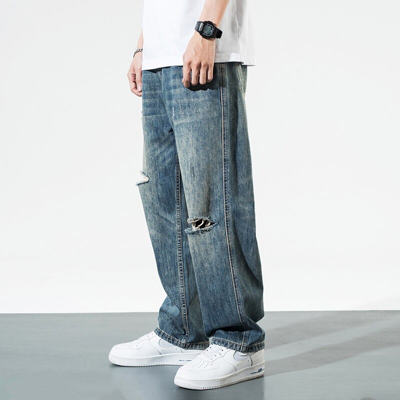 Men Jeans Straight Fit Destroyed Ripped Jeans Men Streetwear Retro Blue Hip Hop Loose Fit Wide Leg Denim Pants