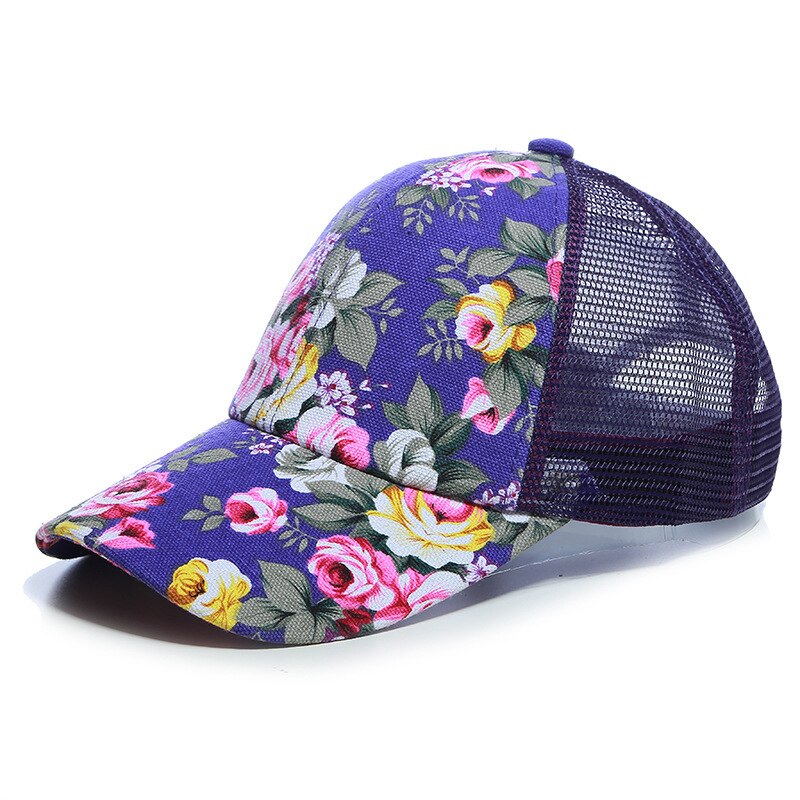 Womens Zomer Caps Netto Trucker Hoed met Gedrukte Bloemen Zwart Rood Blauw Paars: Blauw