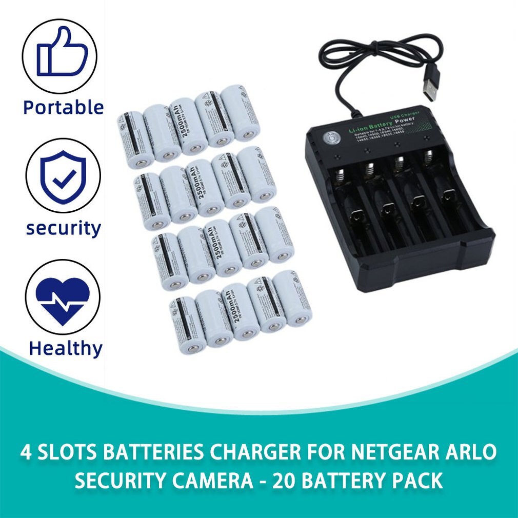 Batteria ricaricabile 16340 2500mah 3.7V e caricabatterie kit batterie ricaricabili per videocamera di sicurezza Netgear Arlo-20 batterie