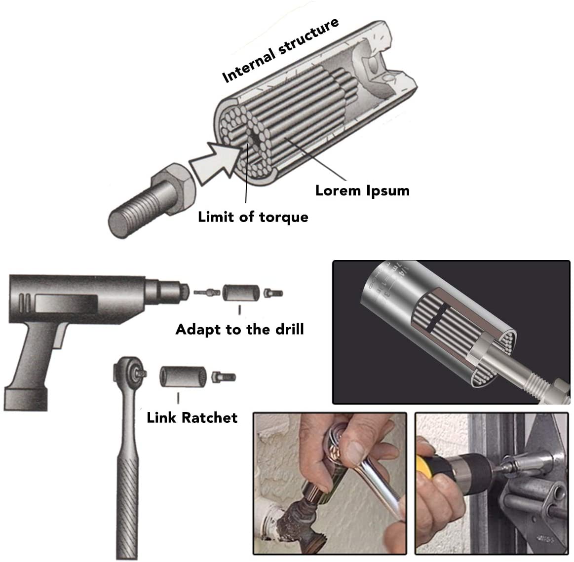 Universal Socket Wrench Sets 7-19mm 3/8 Power Drill Adapter Ratchet Wrench Household Socket Power Hand Tool Multi