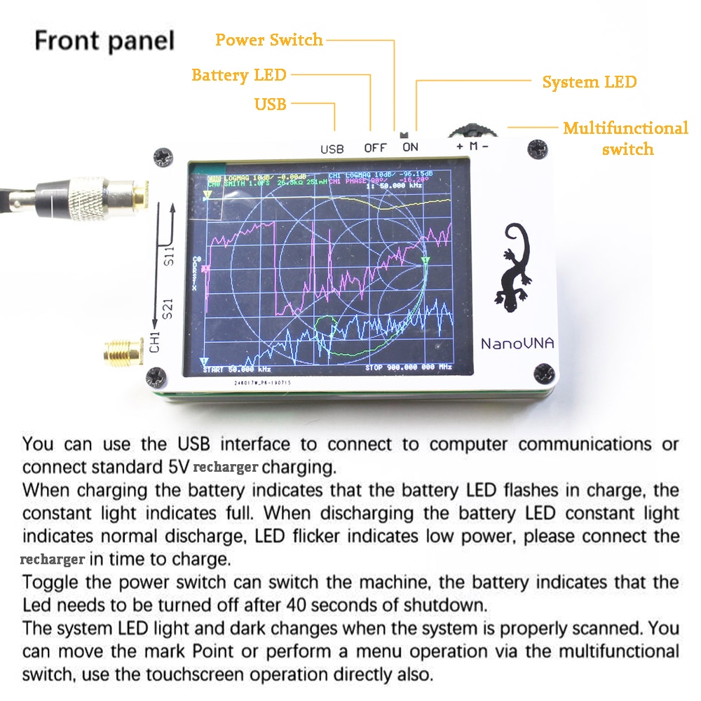 Mini analyseur d'antenne d'analyseur de réseau de vecteur de VNA 50 KHz-900 MHz 2.8 pouces écran tactile d'affichage à cristaux liquides numérique analyseur d'antenne de HF VHF UHF