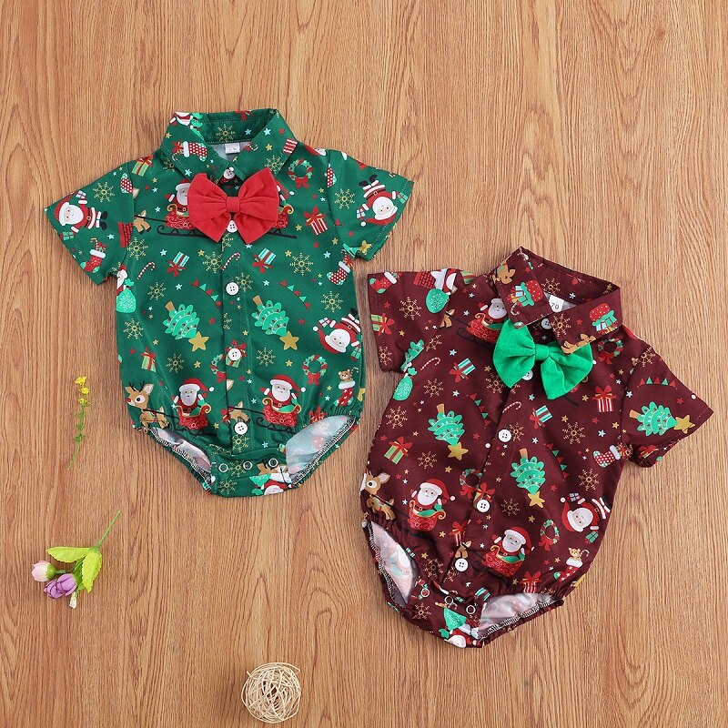 Newborn Baby Boys Summer Christmas Romper Short Sleeve Bow-tie Cartoon Pattern Jumpsuits for Kids Baby Boys