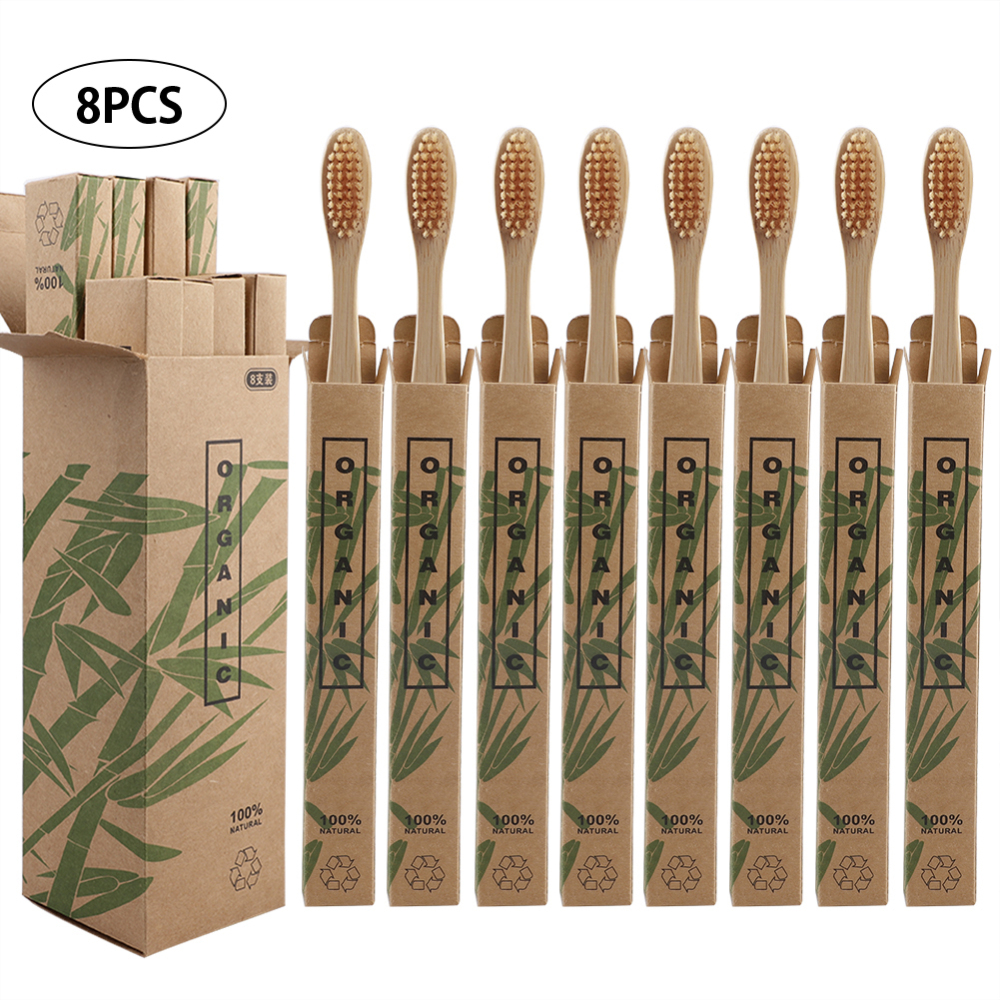 8 stk rejse miljøvenlige bambus træ tandbørster børstehår mundtand børste tandblegning voksen mundpleje: Beige