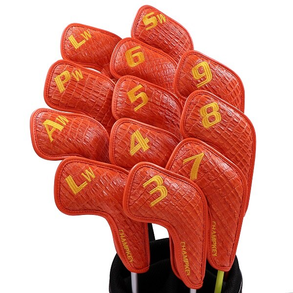 Nowy Champkey golf żelazo Headcover 12 sztuk/zestaw z zamknięciem nowy zielony kolor wąż gruby PU Skórzany powierzchnia: pomarańczowy długo