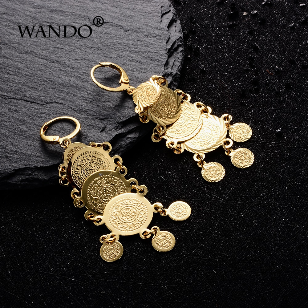 Arab Dubai Metal Gold Color Coin Earrings For Women Girl Middle East African tassel bride Jewelry E67