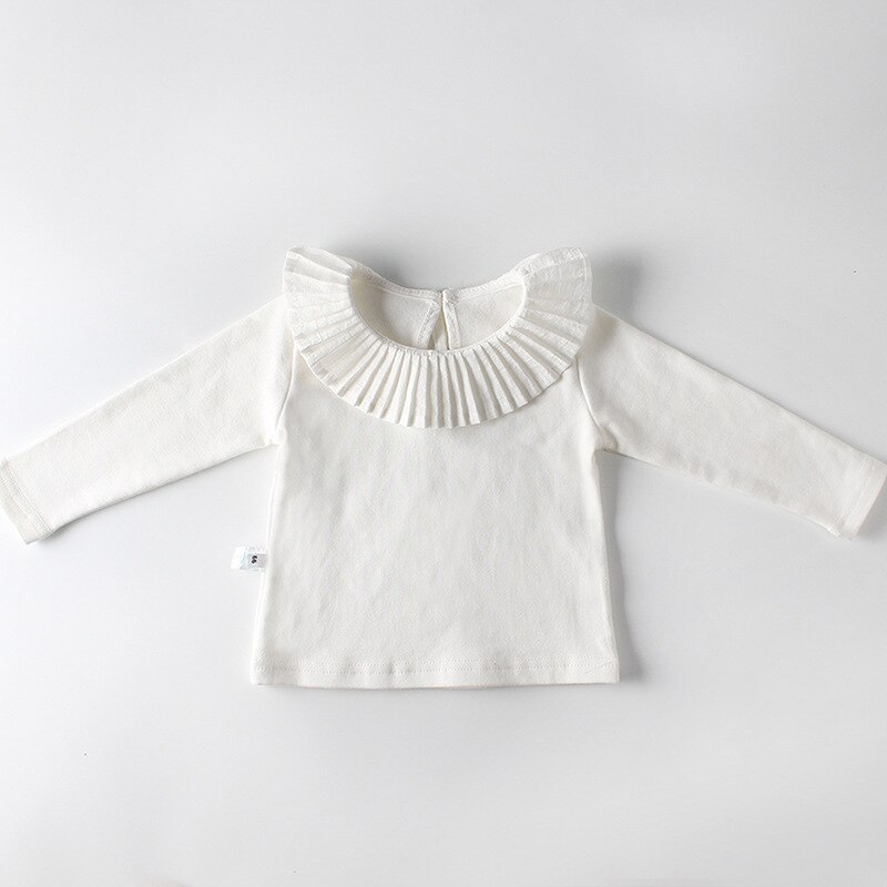 Søde små piger skjorte bomuld langærmet plisseret krave spædbarn nyfødt baby t-shirt til børn toppe børnetøj 0-24m: Hvid / 24m