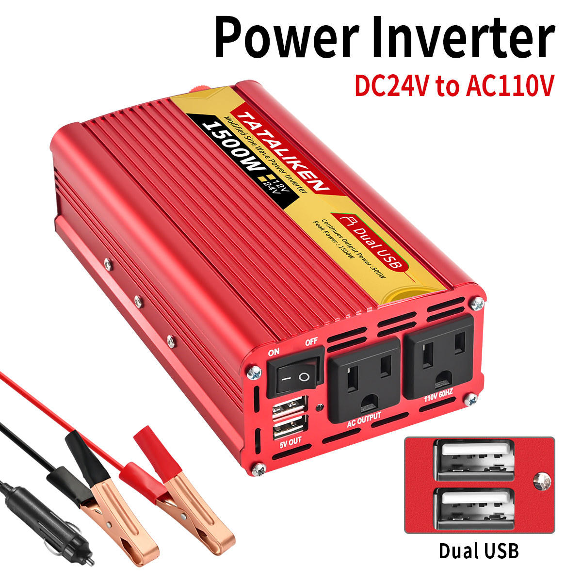 Inverter 12v, 24V 600W 1500W 2000W 2500W, portable vehicle-mounted household converter, universal socket, auto accessories