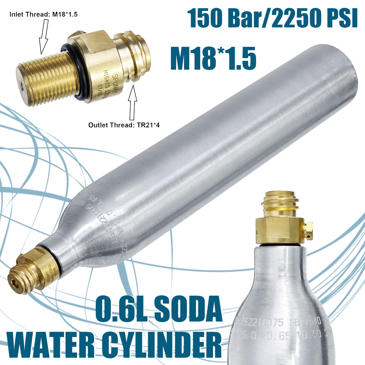 0.6l sodawatercilinders 150 bar /2250 psi hogedruk aluminium fles gerecyclede gascilinder tank met soda-vulklep