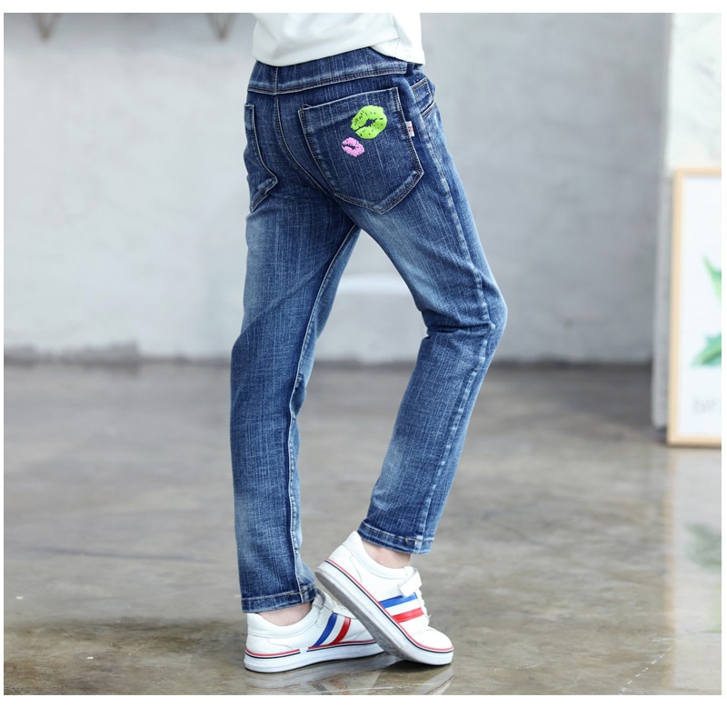 children clothes spring autumn stretch cotton jeans girls color lip print leisure long denim trousers