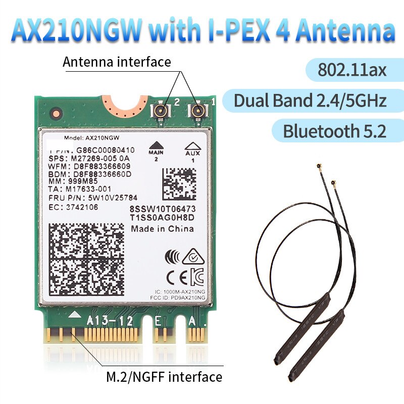 Wifi 6 Intel AX210 2400Mbps M.2 Ngff Wifi Kaart Bluetooth 5.2 Wifi 6E 2.4Ghz/5G 802.11ax wireless Network Adapter Voor Windows10: AX210NGW antenna