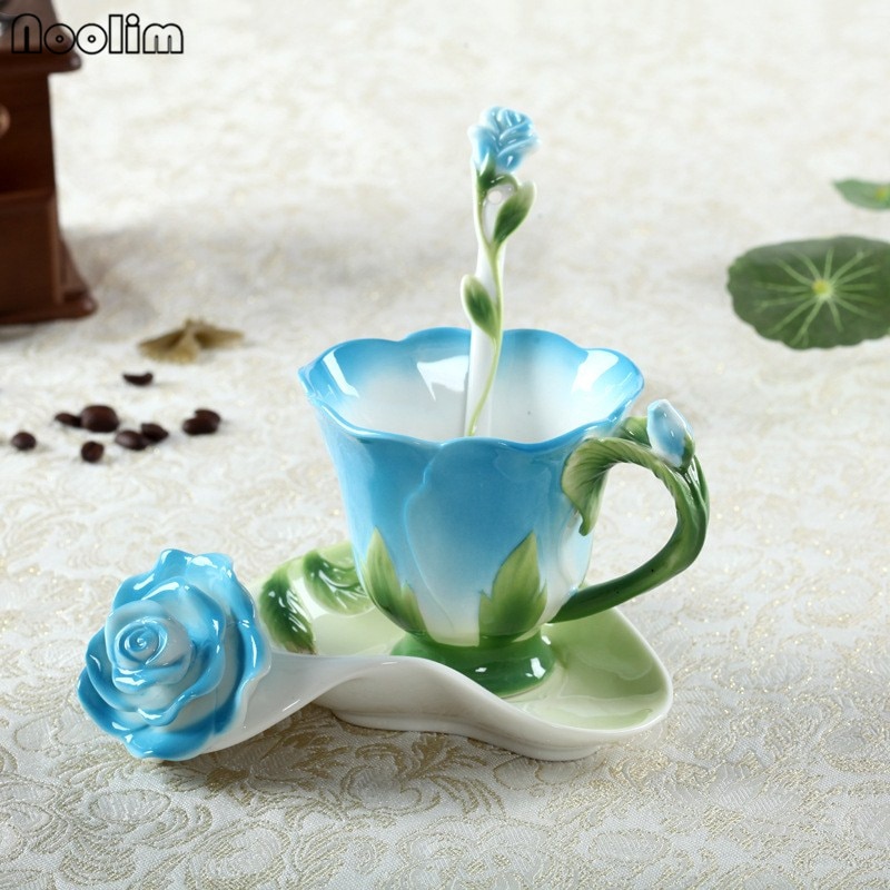 NOOLIM 3D Rose Coffee Cup Enamel Tea Cup Set With Spoon Saucer Cups Ceramic European Bone China Drinkware