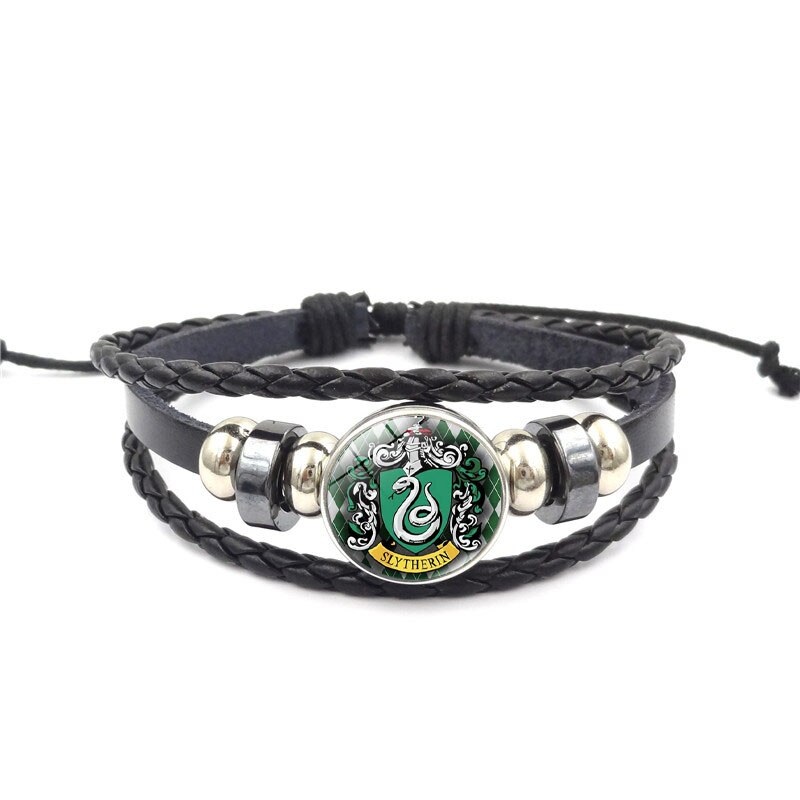 La escuela de magia Salazar Slytherin de vidrio hebilla encanto pulsera de joyería de hecho a mano multicapa DIY brazalete pulsera de cuero,: XL1583