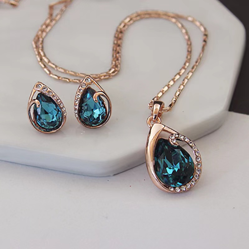 pendientes plata 925 andywen conjunto tous de pendiente y collar y Conjunto de collar de pendientes de boda geométricos creativos Zhihai azul, europea y americana, conjunto de gota de agua azul y verde para mujer: Color dorado