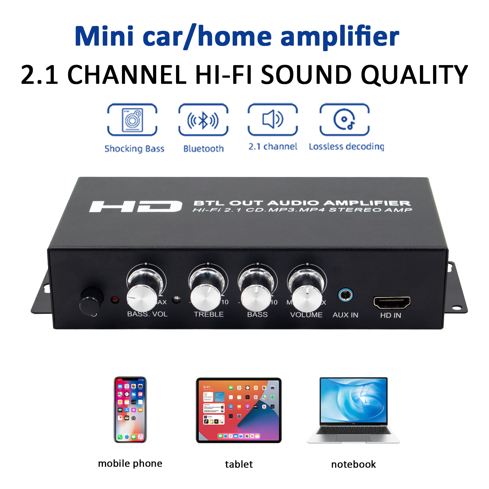 Sound Amplifier 2.1CH Bluetooth 5.0,Digital Bass Amplifier,Mini AMP Driver Lossless Music Amp for Home Car Meeting