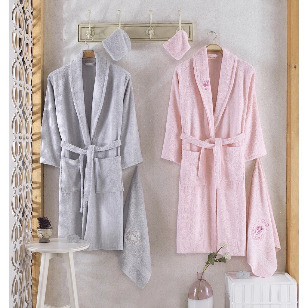 Pamulu 8 Piece Bathrobe Set robe bathrobe Set Family set Dear Set Women &#39;S towel Male towel simple pouch embroidery: gray