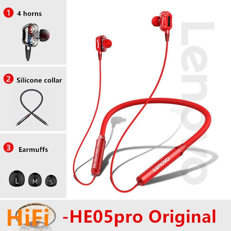 Lenovo Earphones Bluetooth Wireless Stereo Sports IPX5 Waterproof Sport Earbud Headset Noise Reduction Magnetic Runing Headset: he05redpro