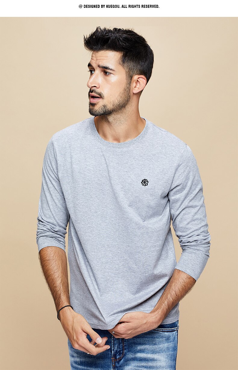 KUEGOU 100% baumwolle männer T-Shirt lange hülse herbst vertraglich stickerei übertragen unliniertes oberes kleid oben Plus größe ZT-496: nehmen das grau / M
