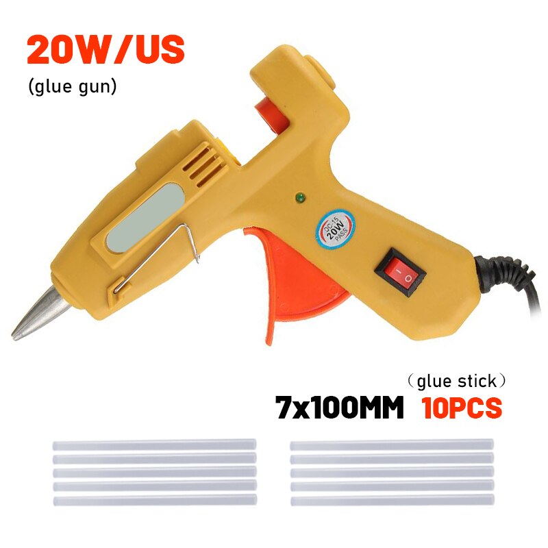 20W Electric Melt Glue Gun Multifunctional Home Mini Glue Gun Electric Heat Temperature Switch Tool with 7x100mm Glue Stick: Yellow with 10Pcs