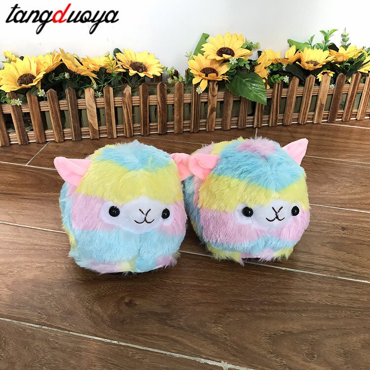 Schattige cartoon alpaca's dames winter huis pantoffels warme pluche binnenschoenen antislip flats huis vloer schoenen voor dames