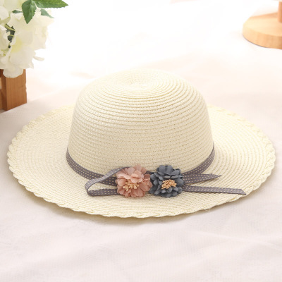 Sommer børn solhatte sløjfe stråhat til piger børn ferie strand panama hat blomster sløjfe stråhatte detail og: Mælkehvid
