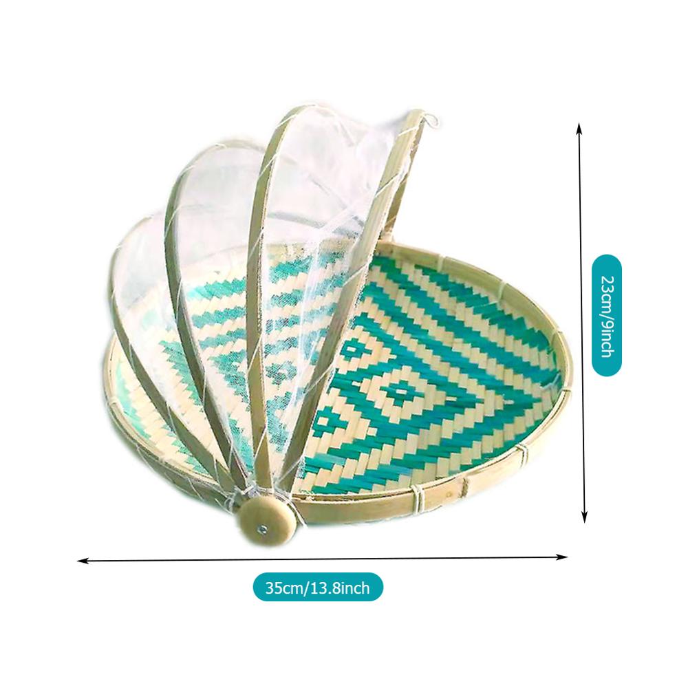 Bamboo Woven Basket Tray Fruit Vegetable Bread Storage Basket Hand-Woven Food Serving Tent Basket Outdoor Picnic Mesh Net Cover: 35CM