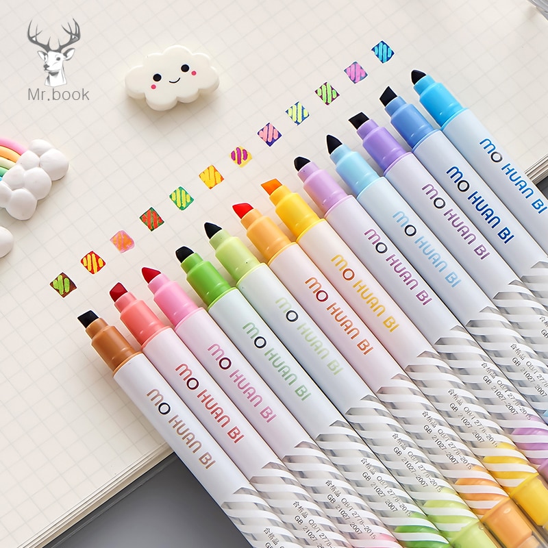 12 Stks/set Kleur Veranderende Markeerstift Double Headed Fluorescerende Pen Japanse Snoep Kleur Leuke Art Tekening Mark Pen Briefpapier