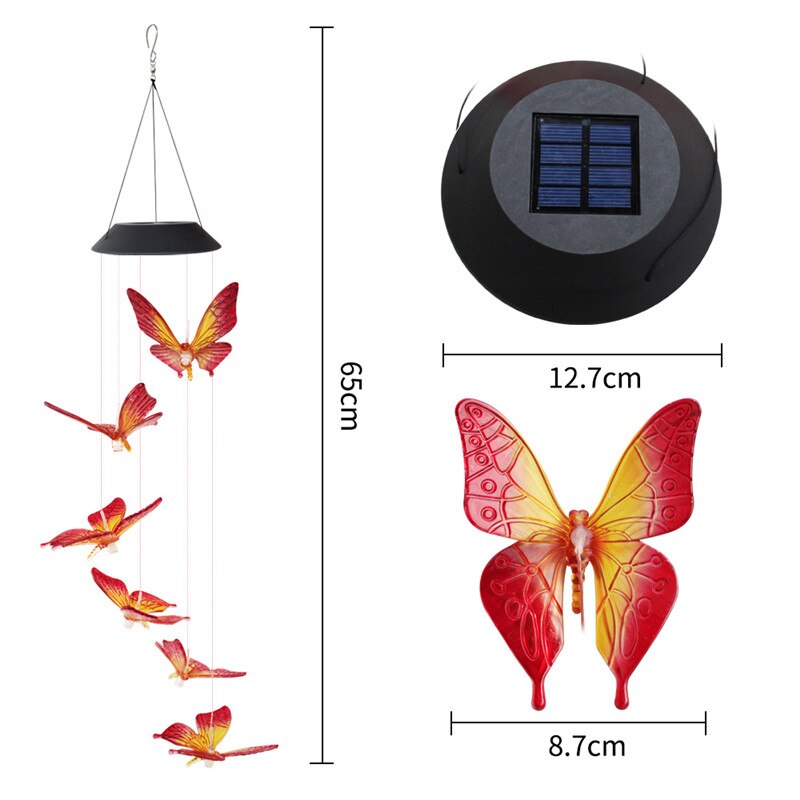 Carillón de viento Solar para exteriores, 6 LED, estilo mariposa, guirnalda de jardín impermeable, luces colgantes, lámpara Solar de decoración, Spinner de viento