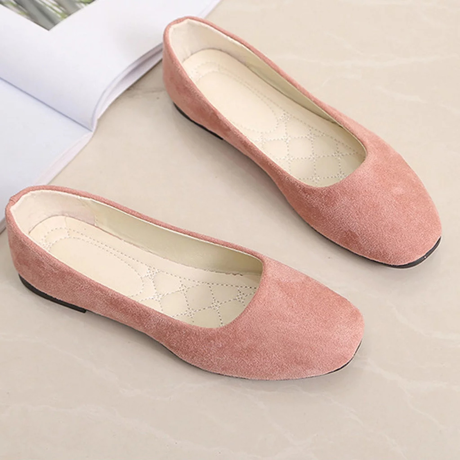 2025 Mocassini in pelle scamosciata da donna Tacco piatto Scarpe femminili poco profonde Primavera Estate Punta quadrata Décolleté da donna concisi di base Taglia 36-43: Colore rosa / 43