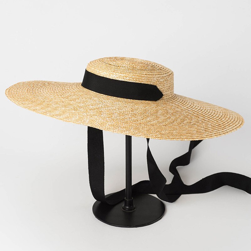 Sombrero de ala ancha Boater 15Cm sombrero de paja de ala plana mujeres Kentucky Derby sombrero negro lazo sombrero de sol playa